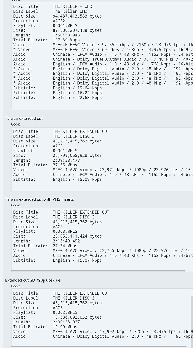 애로우 [첩혈쌍웅] 본편, 확장판 디스크 스캔 정보
