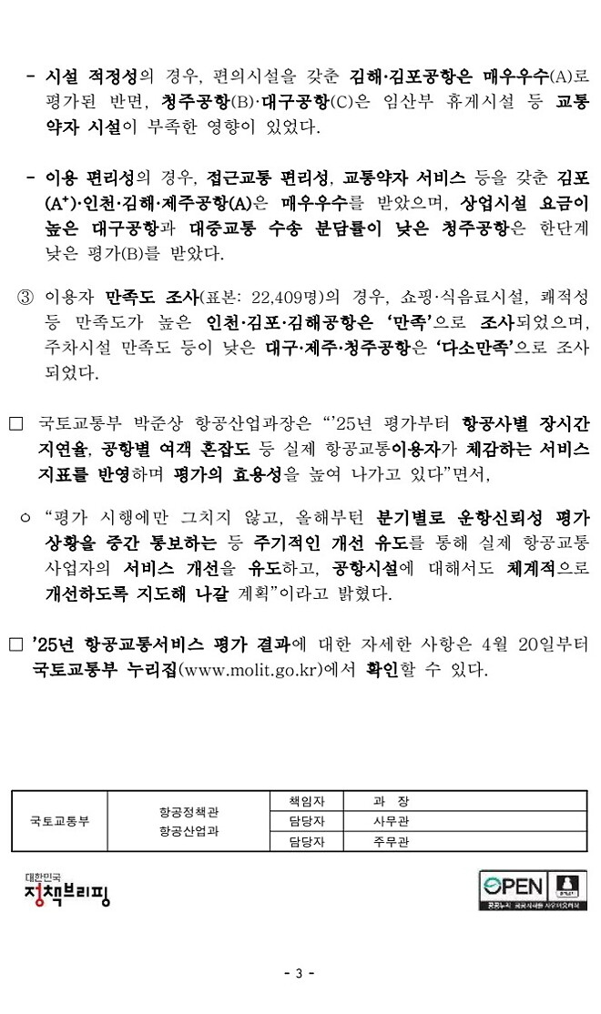 [국토부 발표] 2025 항공교통서비스 만족도 평가 결과