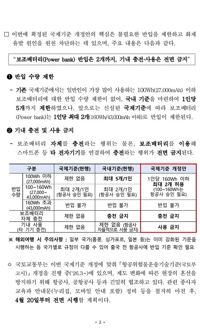 우리 기준이 세계 표준으로&hellip; 기내 보조배터리 2개 제한