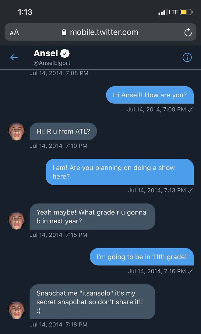 안셀 엘고트 2014년 미성년자 여성과의 문자내용