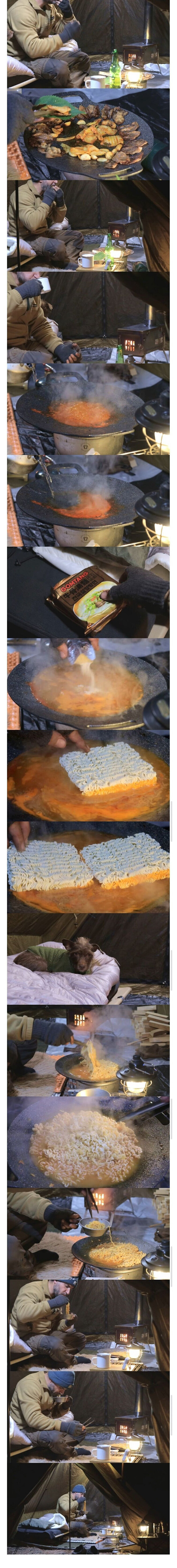 영하 5도 텐트에서 한국식 바베큐 하겠다는 외국인