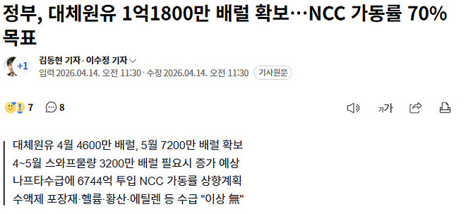 우리나라 4-5월 대체원유 1억 1800만 배럴 확보