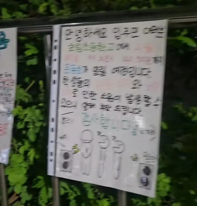 운동회 예정 초등학교 담벼락에 붙은 학생들이 직접 쓴 소음 양해문