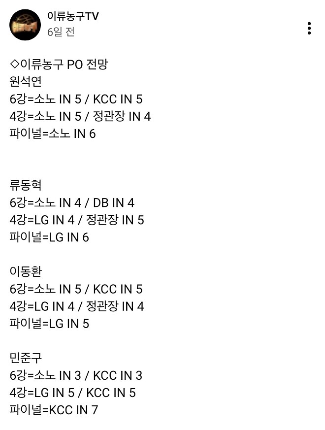 이류농구 기자 중 민준구 혼자 맞힌 6강 PO 예측
