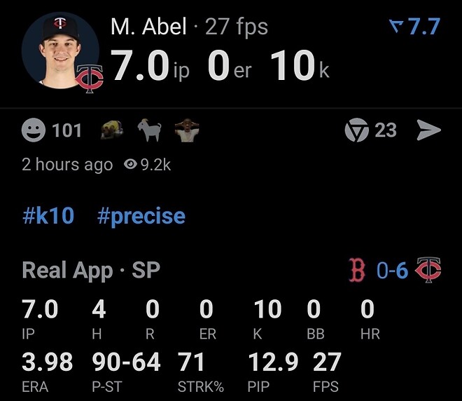 믹 아벨 오늘자 투구기록