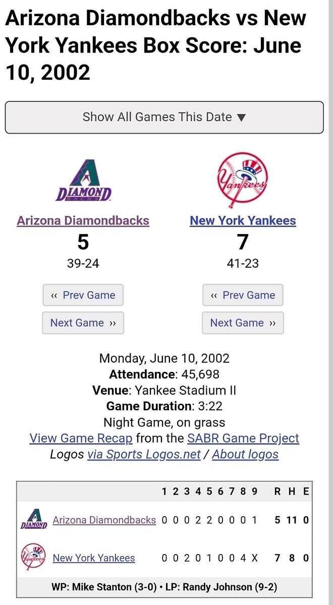 2002년 6월 10일 : 랜디 존슨의 134구