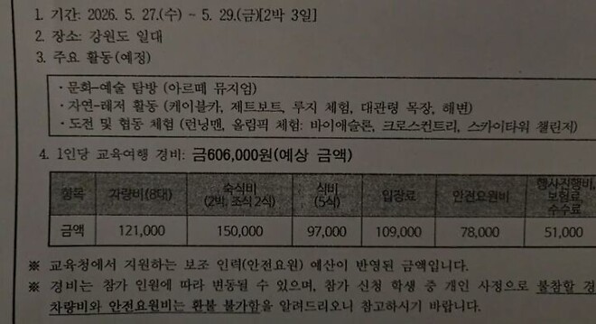 강원도 &amp;#039;60만원 수학여행&amp;#039; 결국 취소&hellip;&amp;quot;애꿎은 학생들만 피해&amp;quot;