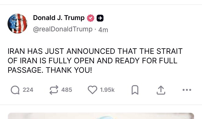 트럼프:이란이 이란해협 완전 개방이라고 발표! 땡큐