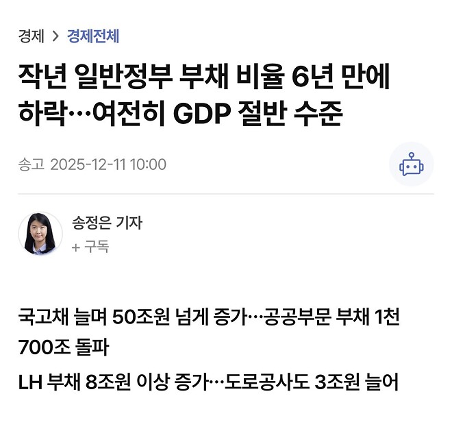 작년 일반정부 부채 비율 6년 만에 하락&hellip;여전히 GDP 절반 수준