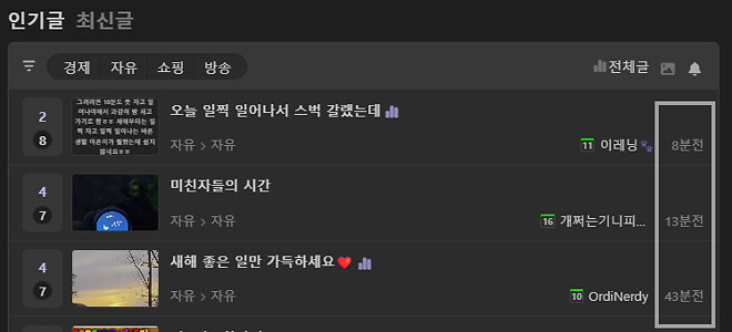 인기글과 최신글의 작성시각 표시 오류(?)