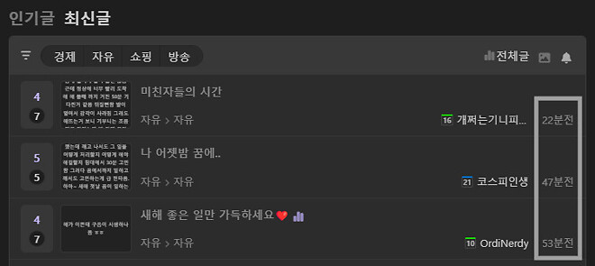 인기글과 최신글의 작성시각 표시 오류(?)