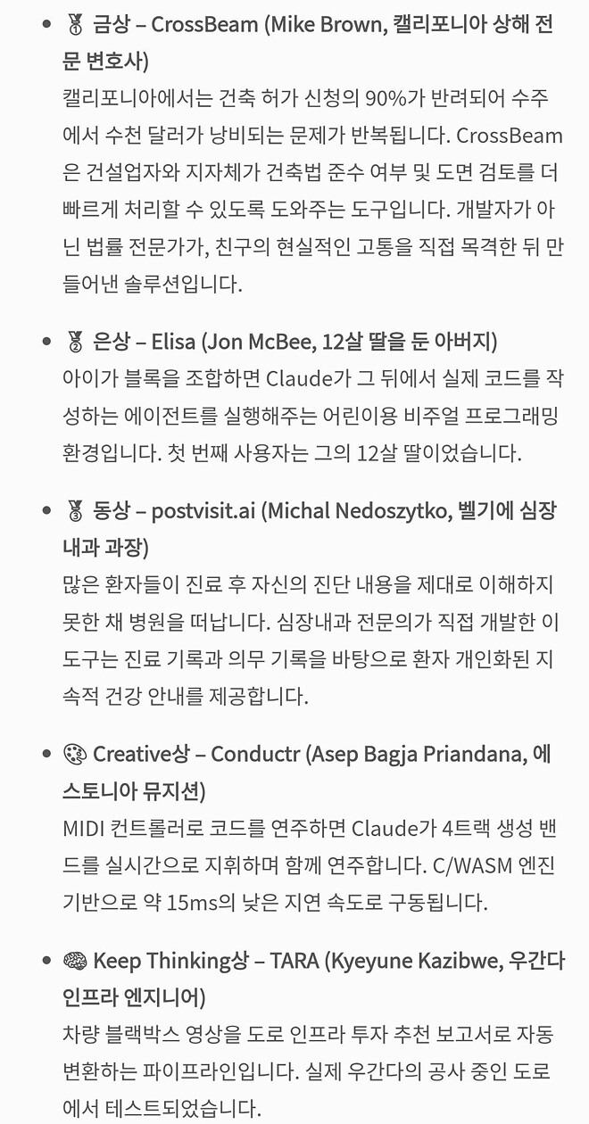 몇일전 진행되었던 claude code 해커톤의 수상자 목록