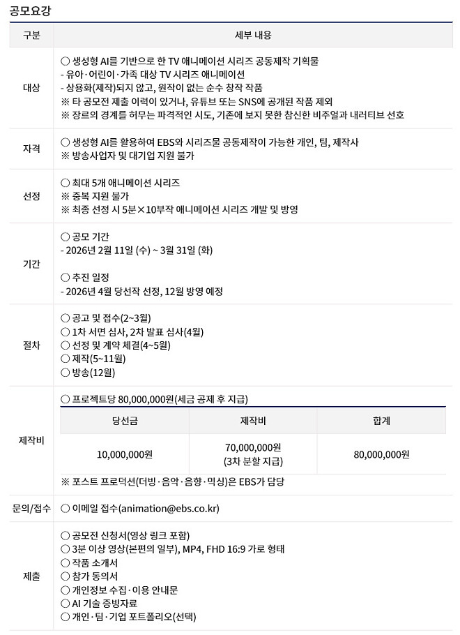 2026년 EBS 생성형 AI 애니메이션 시리즈 공동제작 프로젝트 공모