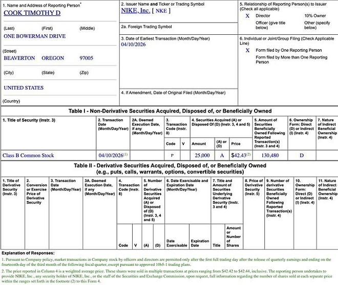 팀쿡, 나이키 주식 매수