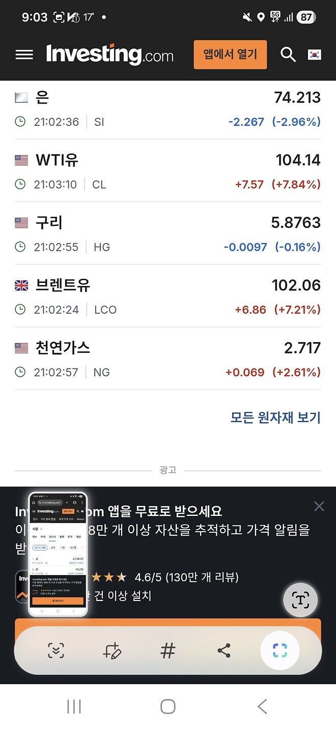 현재 지수 및 원자재 환율