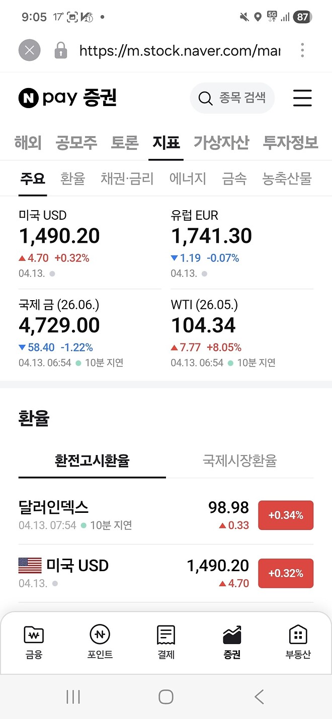 현재 지수 및 원자재 환율